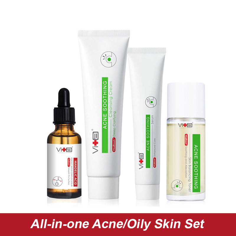 【All in one Acne / Oily Skin set】Swissvita Acne Soothing Cleanser 100g, Mandelic Acid Serum 30ml, Acne Soothing Toner 120ml, Acne Soothing Serum 50g[EXP 8/2025]